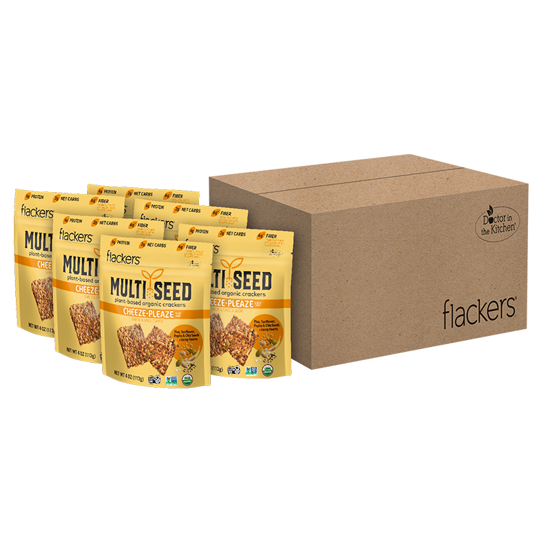 6-pack Cheeze-Pleaze Multi Seed Crackers with organic seeds, gluten-free, vegan, keto-friendly packaging