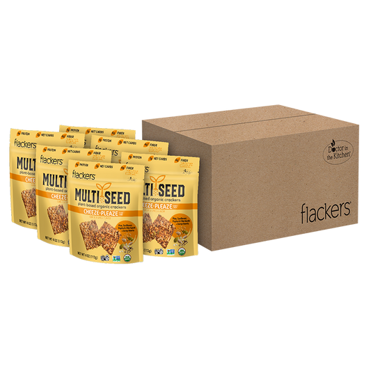 6-pack Cheeze-Pleaze Multi Seed Crackers with organic seeds, gluten-free, vegan, keto-friendly packaging