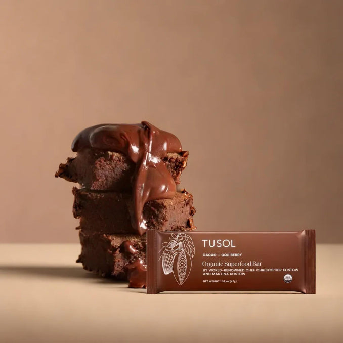 Cacao + Goji Berry organic superfood protein bar with rich chocolate and goji berry flavor by TUSOL