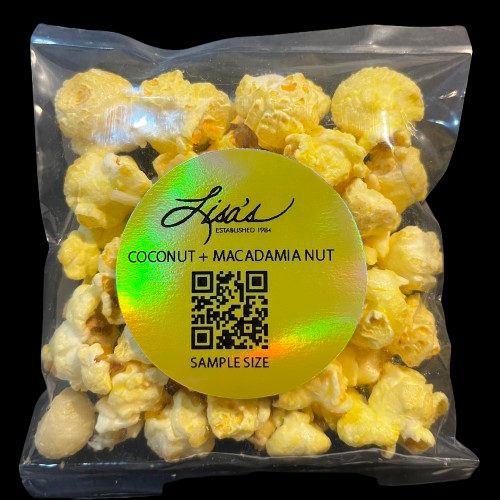 Sample size bag of Lisa's Coconut + Macadamia Nut Popcorn with candied coconut and macadamia nuts