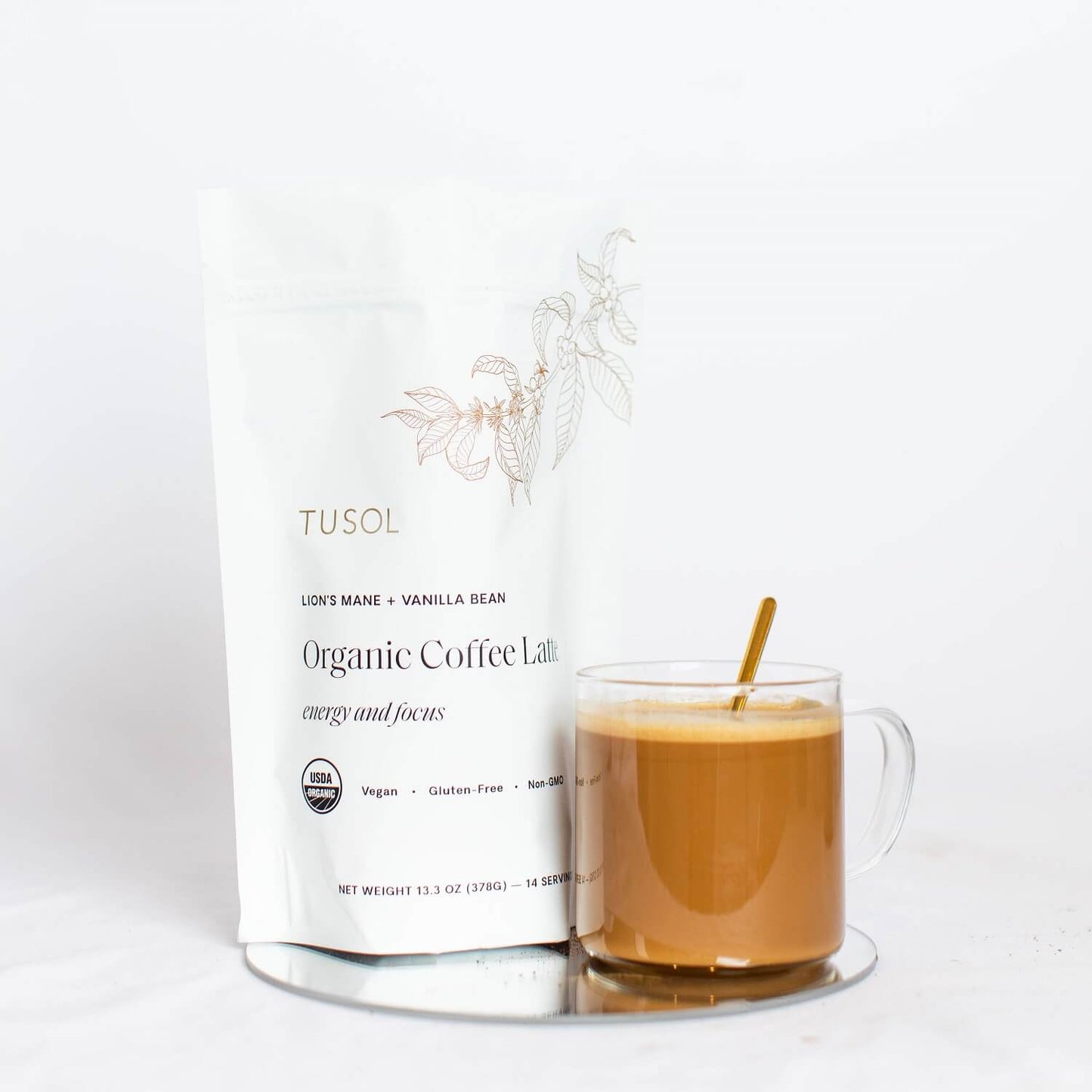 TUSOL Full Body Reset organic coffee latte with lion's mane and vanilla bean for energy and focus, vegan and gluten-free.