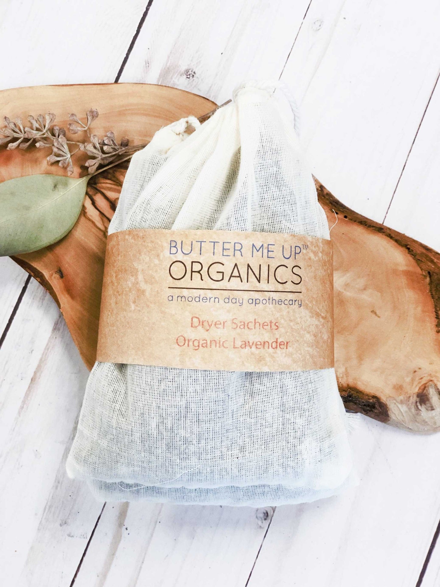 Organic lavender dryer sachets in unbleached muslin bag for eco-friendly, chemical-free laundry fragrance