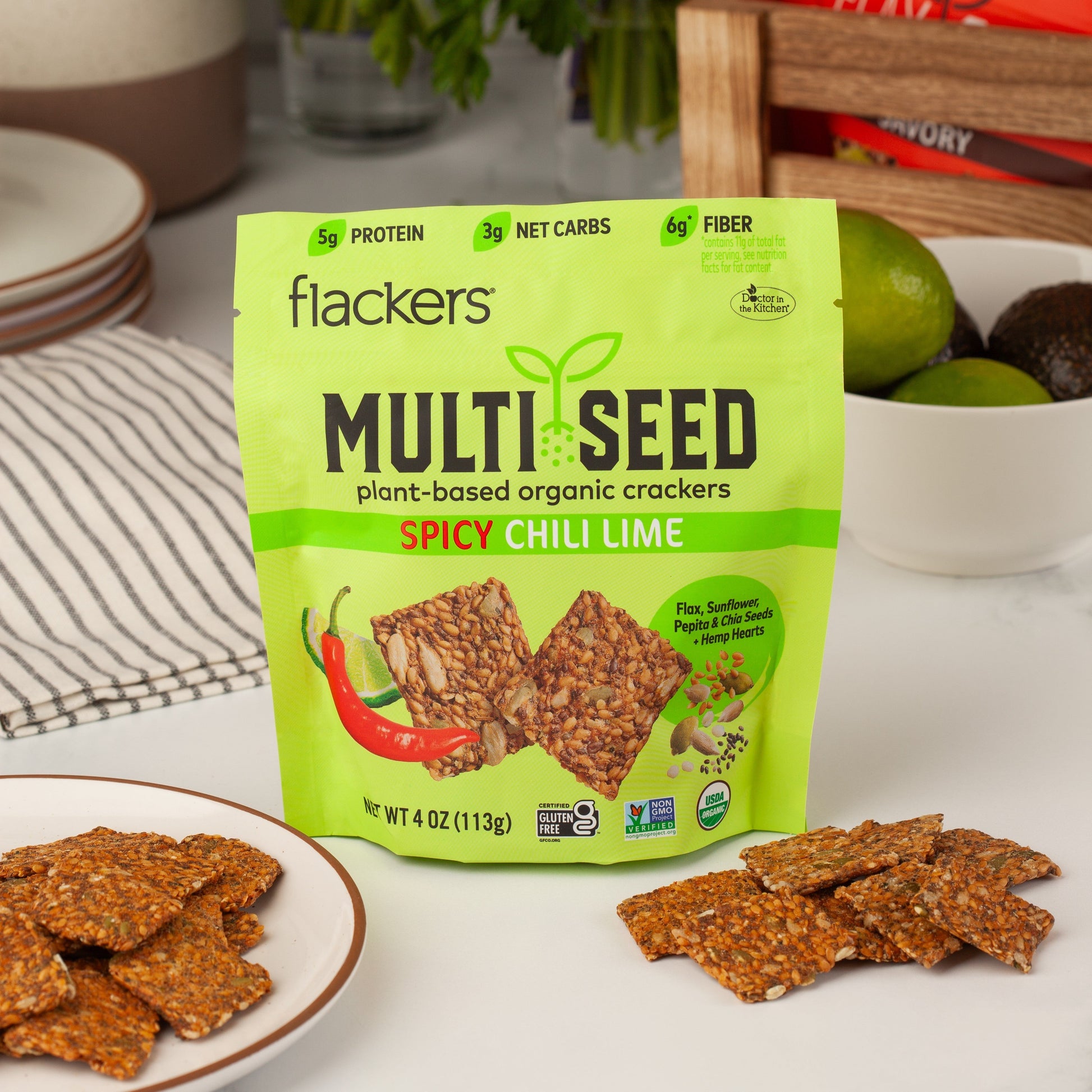 Spicy Chili Lime Multi Seed Crackers pack with organic seeds, bold chili lime flavor, vegan, gluten-free, keto-friendly snack