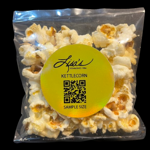 Sample size bag of Lisa's kettlecorn popcorn with sweet and salty flavor