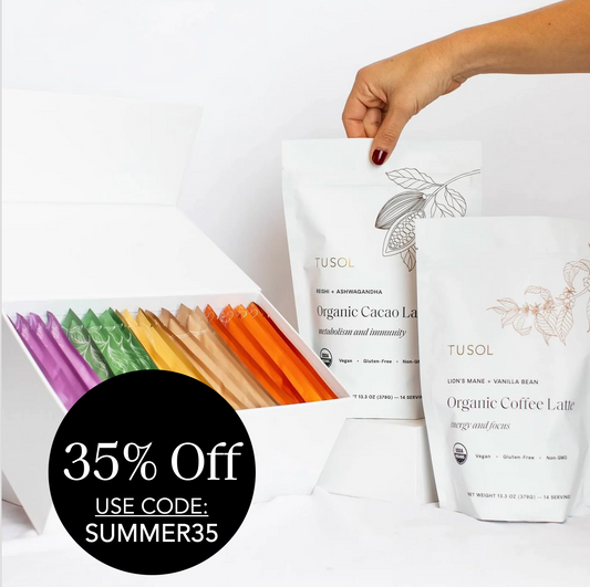 TUSOL Full Body Reset kit with organic cacao and coffee latte packets and colorful superfood smoothie sticks in a white box