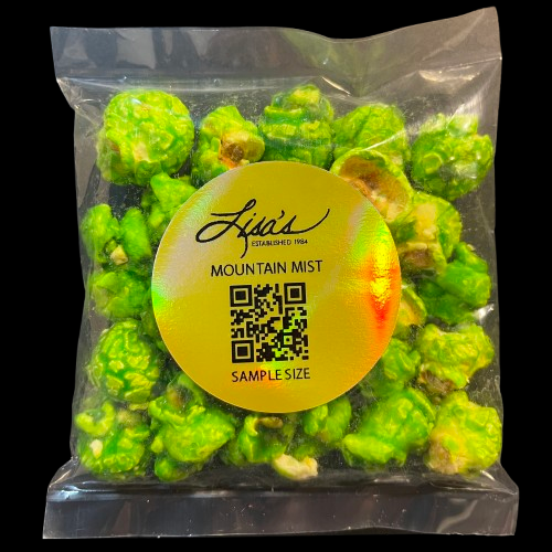 Mountain Mist Popcorn sample size bag with bright green candied lemon lime flavor and fizzy powder twist