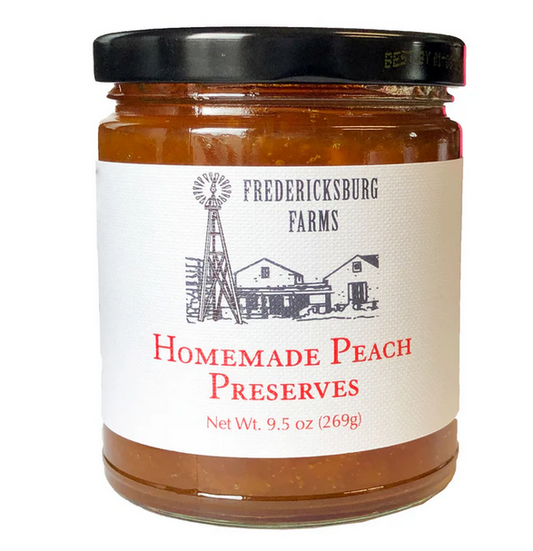 Homemade peach preserves jar from Fredericksburg Farms with Texas Hill Country flavor