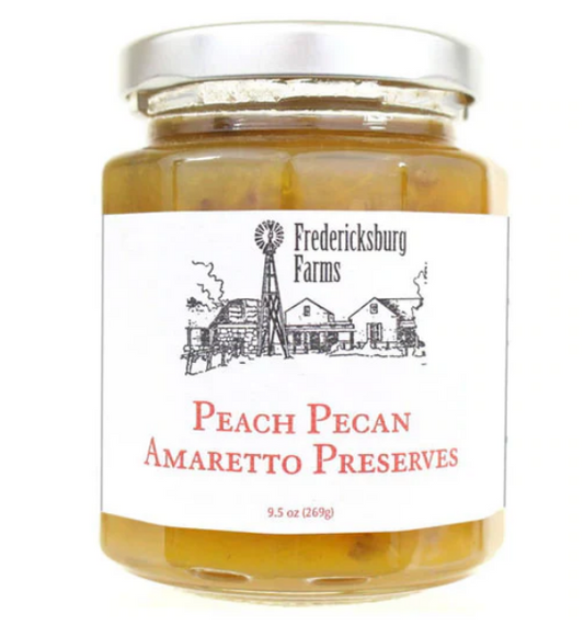 Jar of Peach Pecan Amaretto Preserves from Fredericksburg Farms with peaches and pecans blend