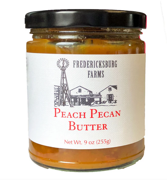 Jar of smooth, rich Peach Pecan Butter from Fredericksburg Farms, perfect for pancakes, waffles, and biscuits