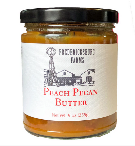 Jar of smooth, rich Peach Pecan Butter from Fredericksburg Farms, perfect for pancakes, waffles, and biscuits