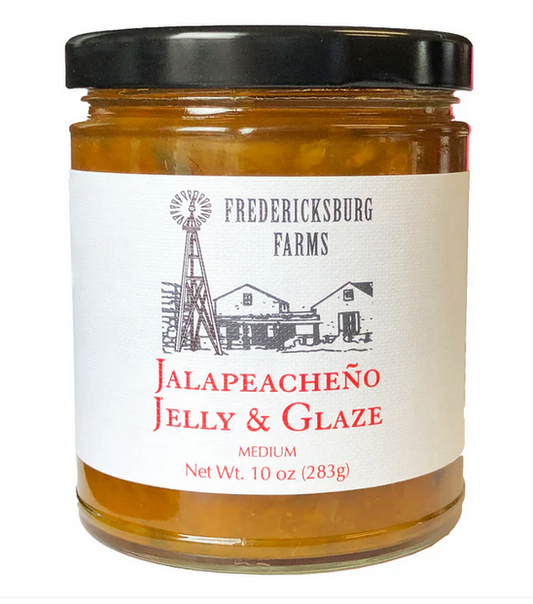 Jalapeacheno Jelly and Glaze jar with peach and jalapeno sweet-heat spread for breads and meats