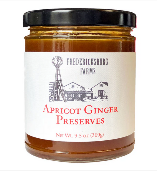 Jar of apricot ginger preserves from Fredericksburg Farms with black lid