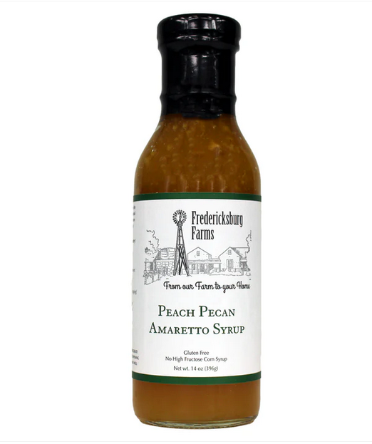 Fredericksburg Farms Peach Pecan Amaretto Syrup bottle with Texas pecans and Amaretto flavor for desserts