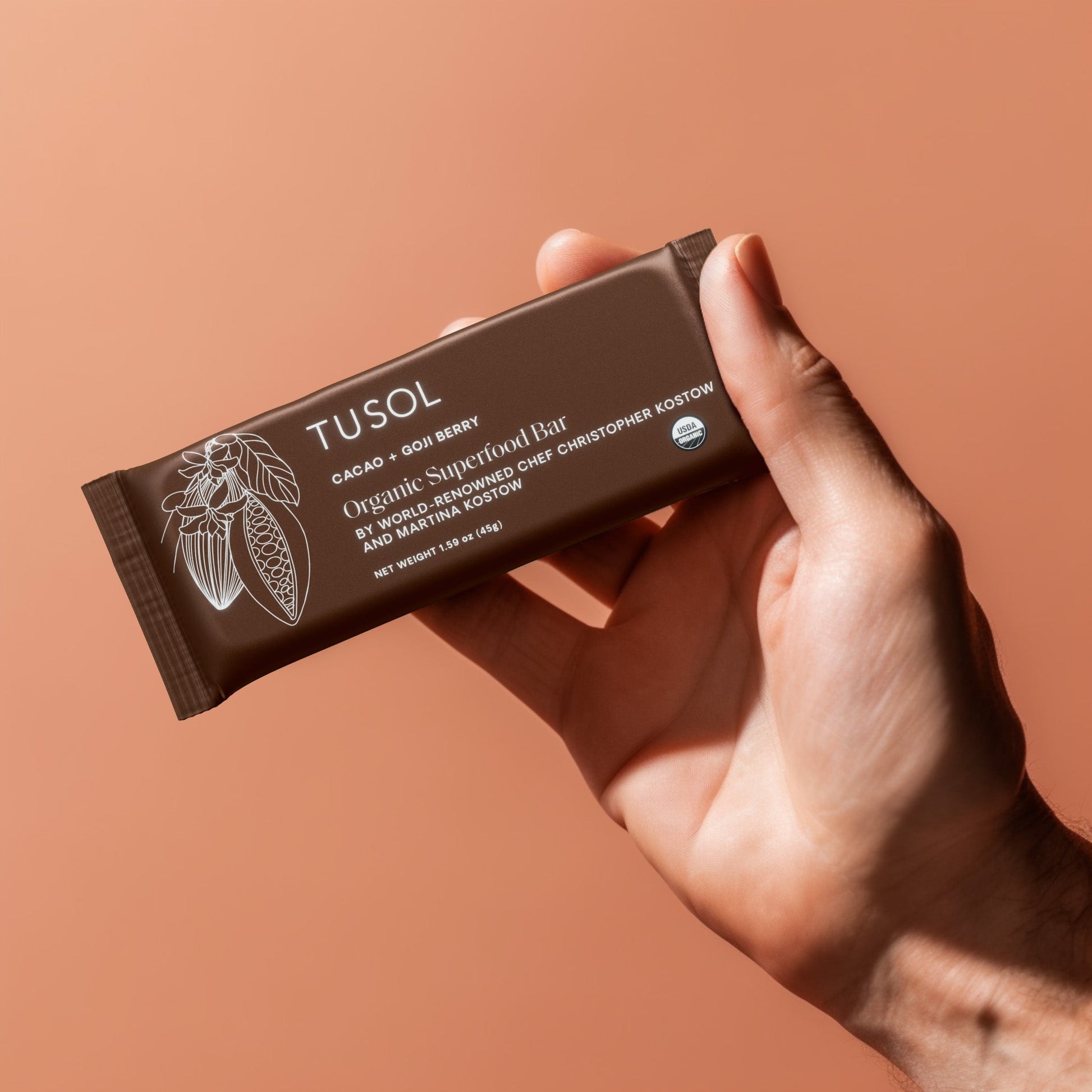 Hand holding TUSOL Cacao + Goji Berry organic protein bar with clean, organic ingredients.