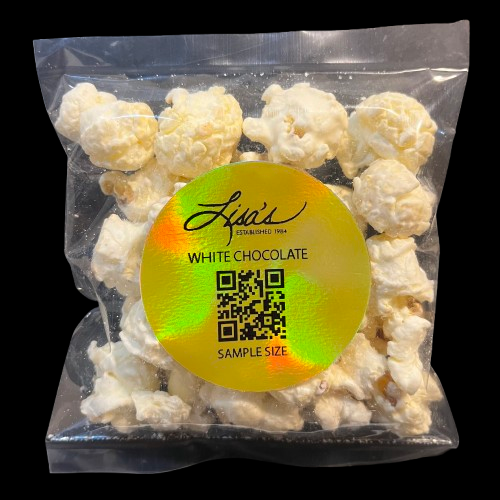 Sample size bag of creamy white chocolate popcorn snack