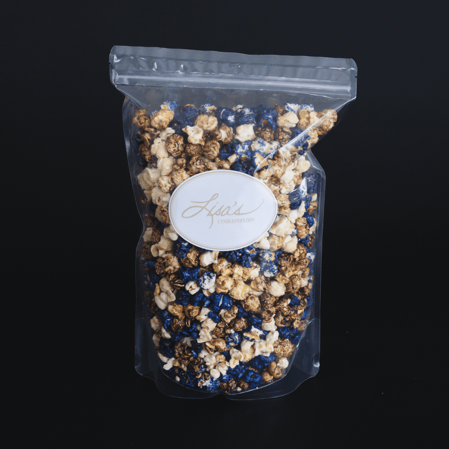 Blueberry muffin popcorn mix in resealable bag with candied blueberry and vanilla flavors
