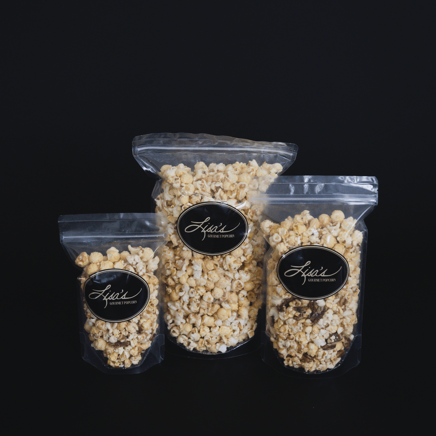 Butter Pecan Popcorn in three resealable bags with buttery popcorn and crunchy pecans