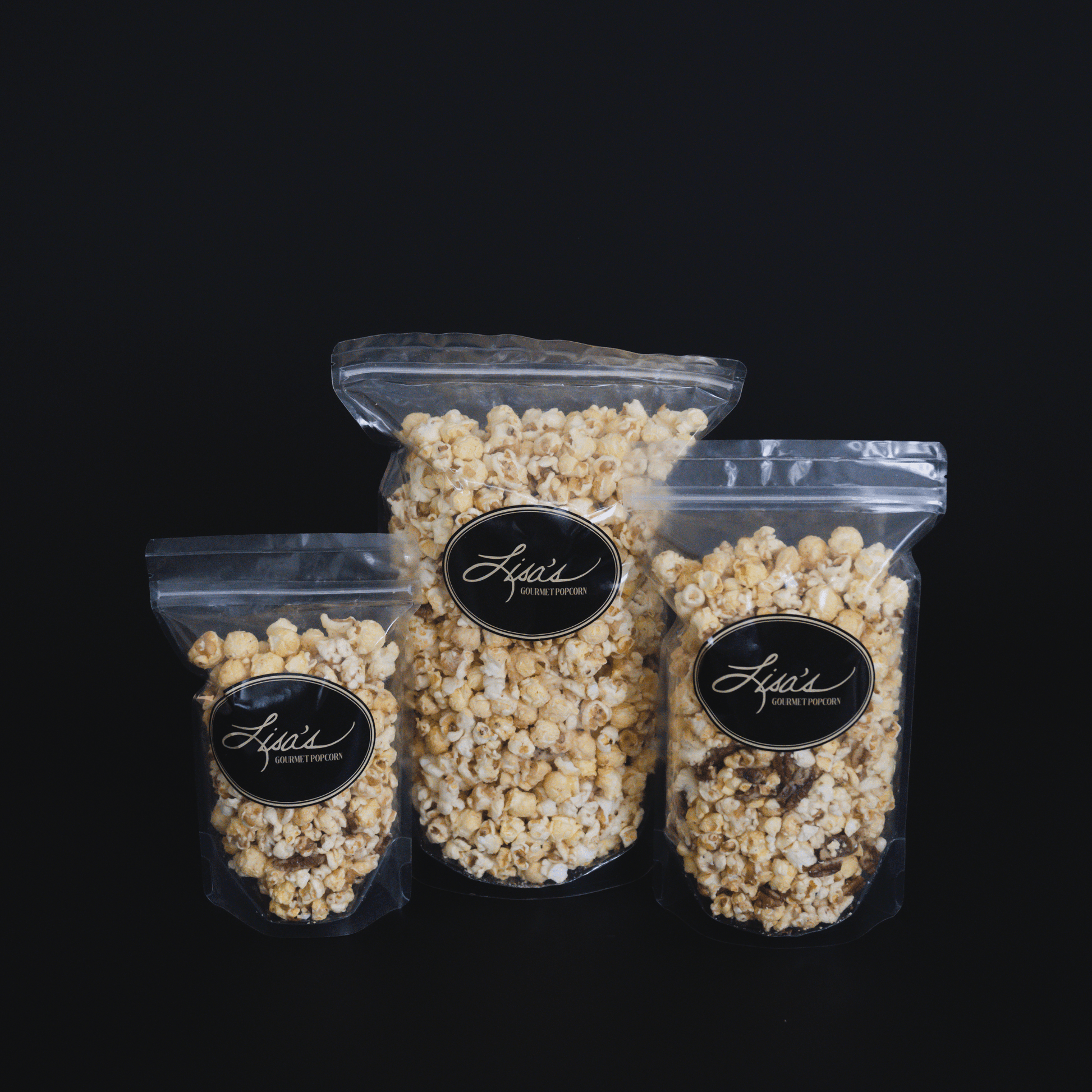 Butter Pecan Popcorn in three resealable bags with buttery popcorn and crunchy pecans