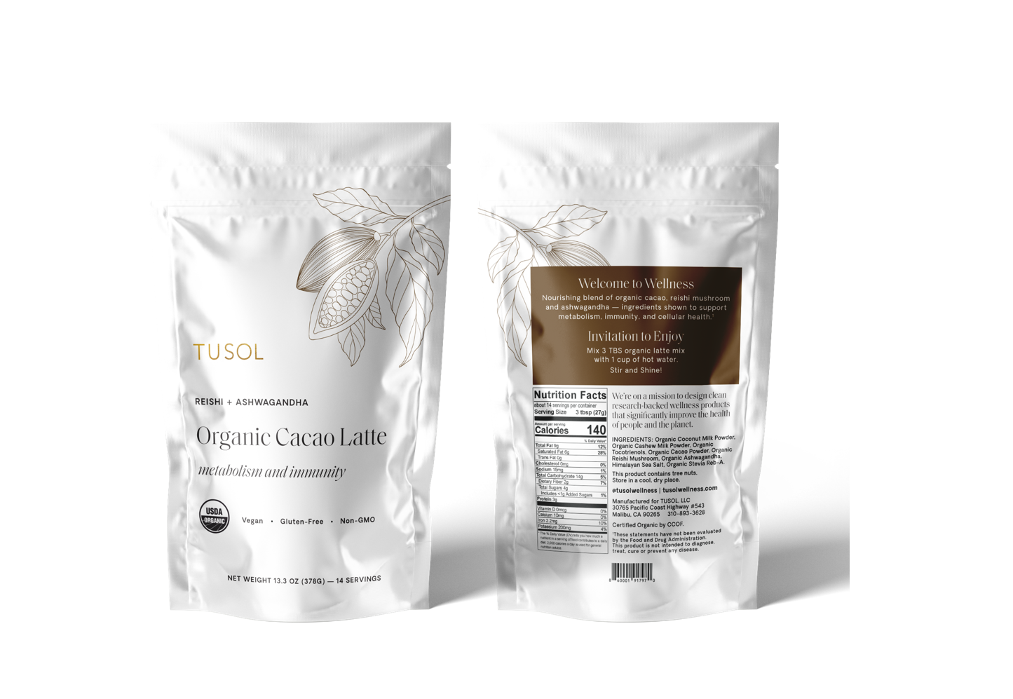 TUSOL Wellness Essentials Starter Kit with organic cacao latte, protein bars, and superfood smoothies for metabolism and immunity