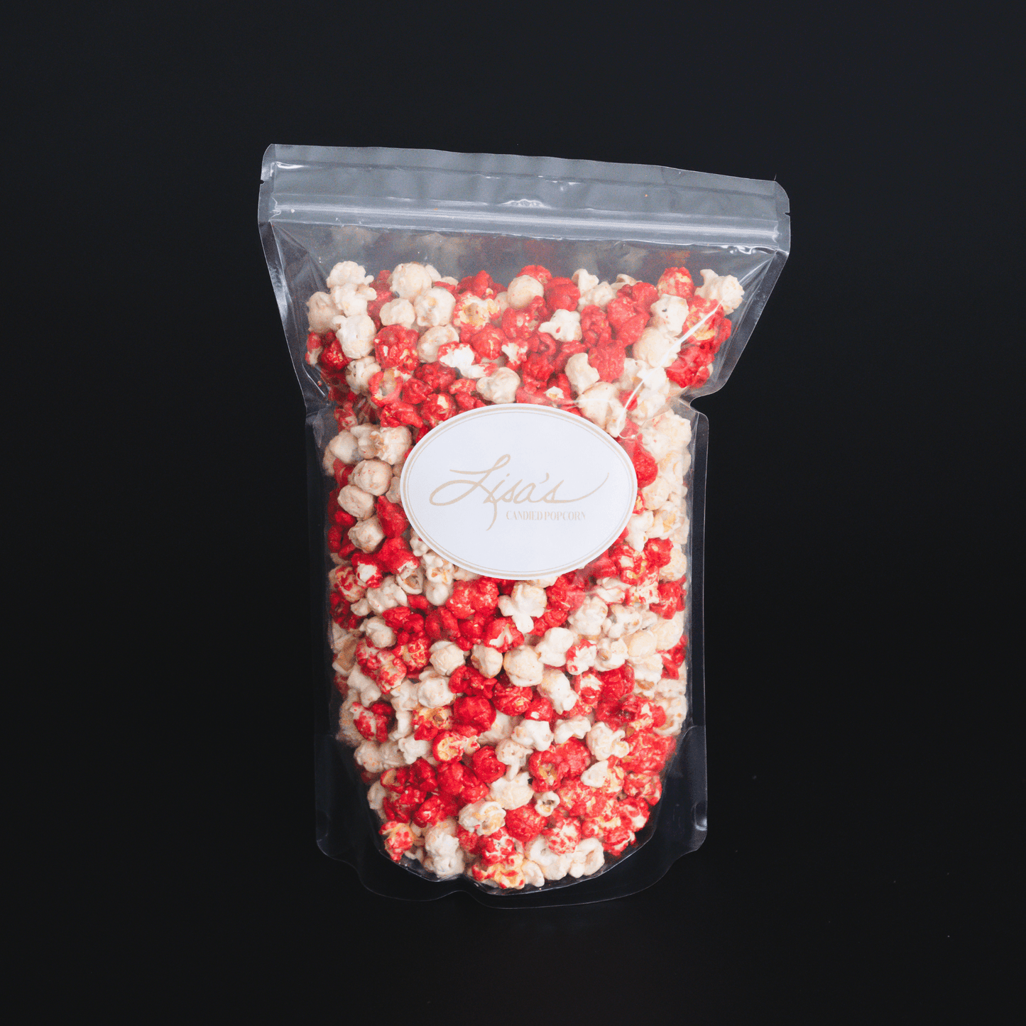 resealable bag of red and white cinnamon popcorn snack