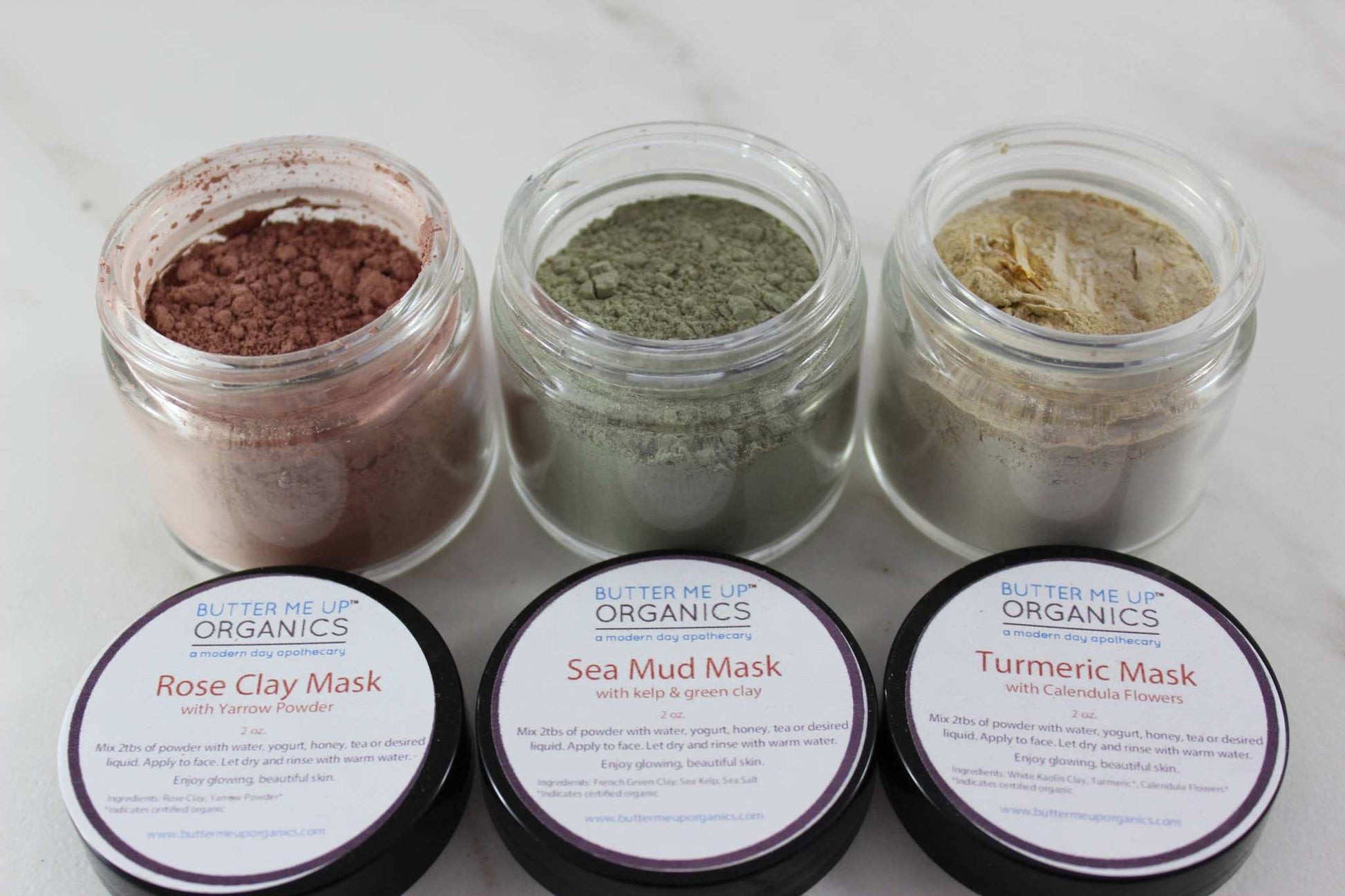 Clay Face Mask Trio Rose Clay French Green Clay Kaolin Clay Turmeric Kelp Calendula - The Edible Petale Company