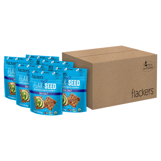 6-pack of Sea Salt Flackers organic flaxseed crackers with nutritional benefits and gluten-free, keto-friendly packaging