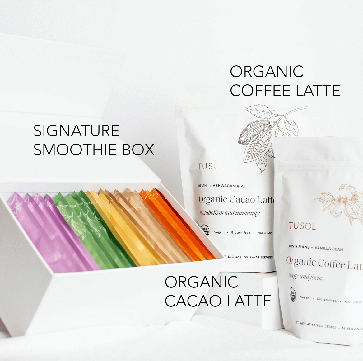 TUSOL Full Body Reset kit with organic cacao latte, coffee latte, and colorful superfood smoothie packets in a white box