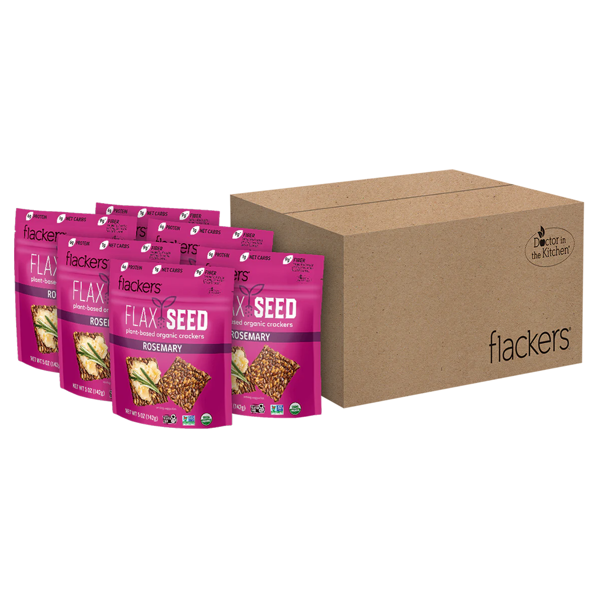 6-pack rosemary flaxseed crackers in pink resealable bags with cardboard shipping box