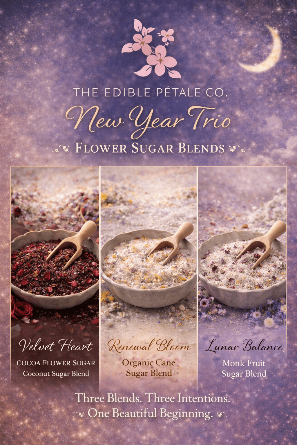 "The New Year Trio" Flower Sugar Bundle - Total of Four 4 or 8 oz jars - The Edible Petale Company